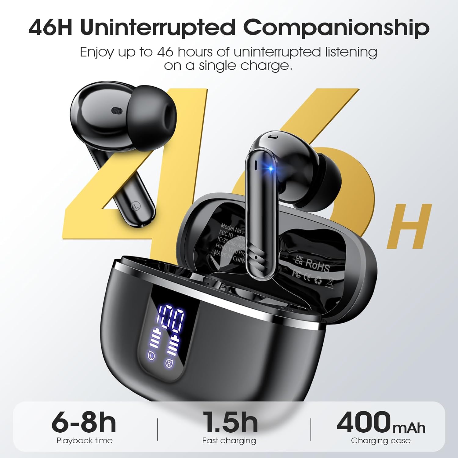 Thumbnail 5 de Wireless Earbuds (Bluetooth 5.4) with 4 Noise Cancelling Mic, 46H Battery, IPX7 Earphones for Android & iOS — Black