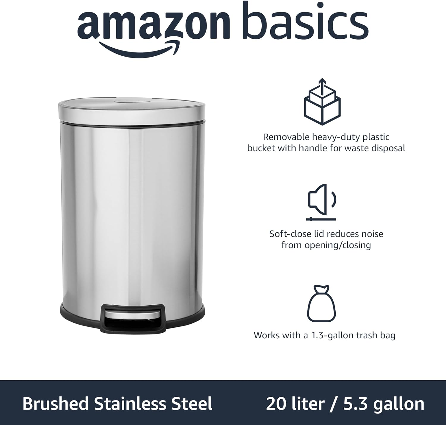 Detalle de Amazon Basics 20 l – kosz na śmieci z pedałem, szczotkowaną stalą i cichym zamykaniem