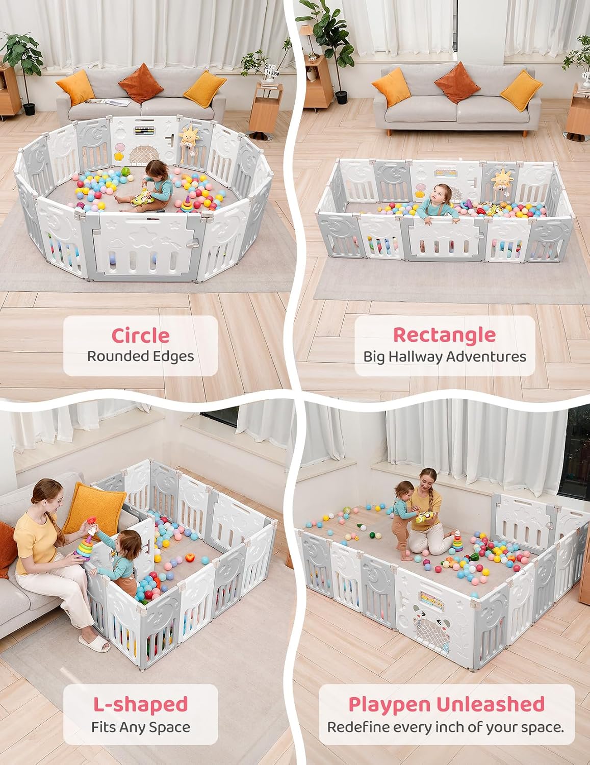 Detalle 2 de 10-Panel Foldable Baby Playpen, Adjustable PE Play Yard with Gate, Gray and White