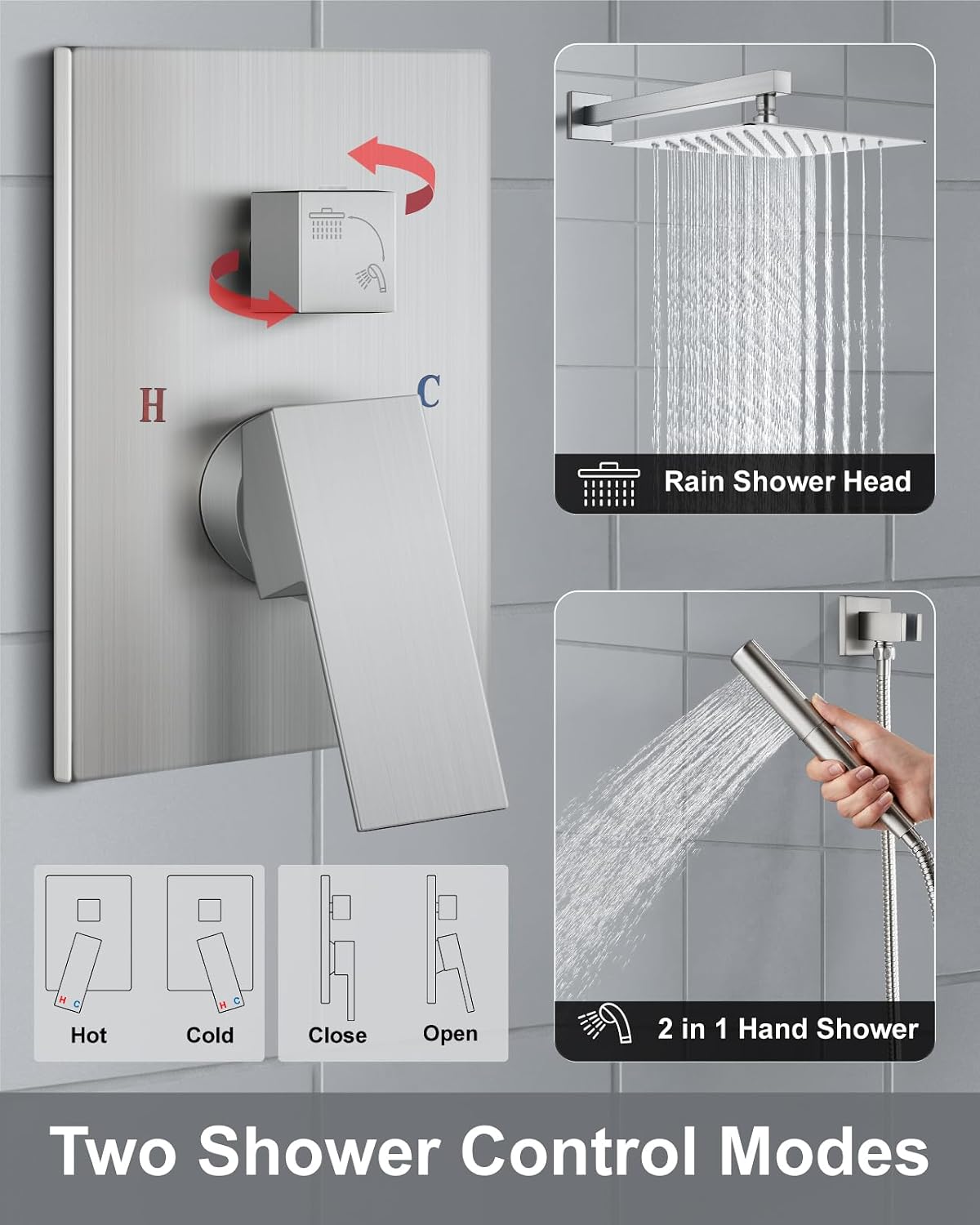 Thumbnail 6 de Aolemi 12-Inch Shower System with Rain Head, Dual-Function Handheld, Brushed Nickel