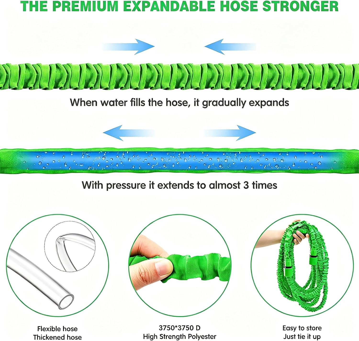 Detalle 2 de CLMCL 125ft Expandable Garden Hose with 8-Pattern Spray Nozzle, Green
