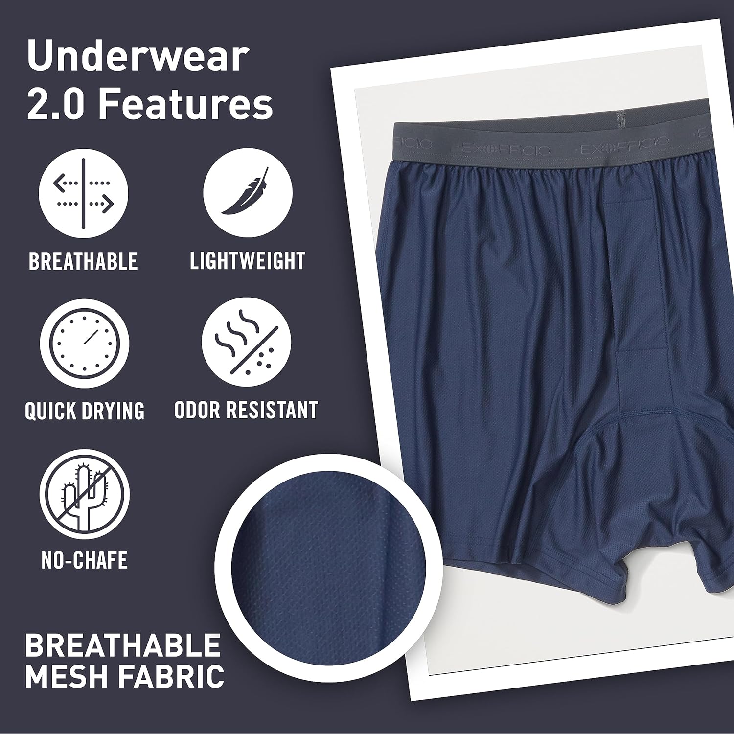 Detalle de ExOfficio Men's Give-N-Go 2.0 Boxer - Breathable, Durable, Easy Care Travel Underwear