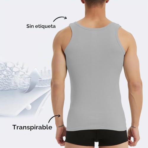 Detalle de YouShow Camisetas Tirantes Hombre 100% Algodón — Pack 3 (Negro, Blanco, Gris) talla L
