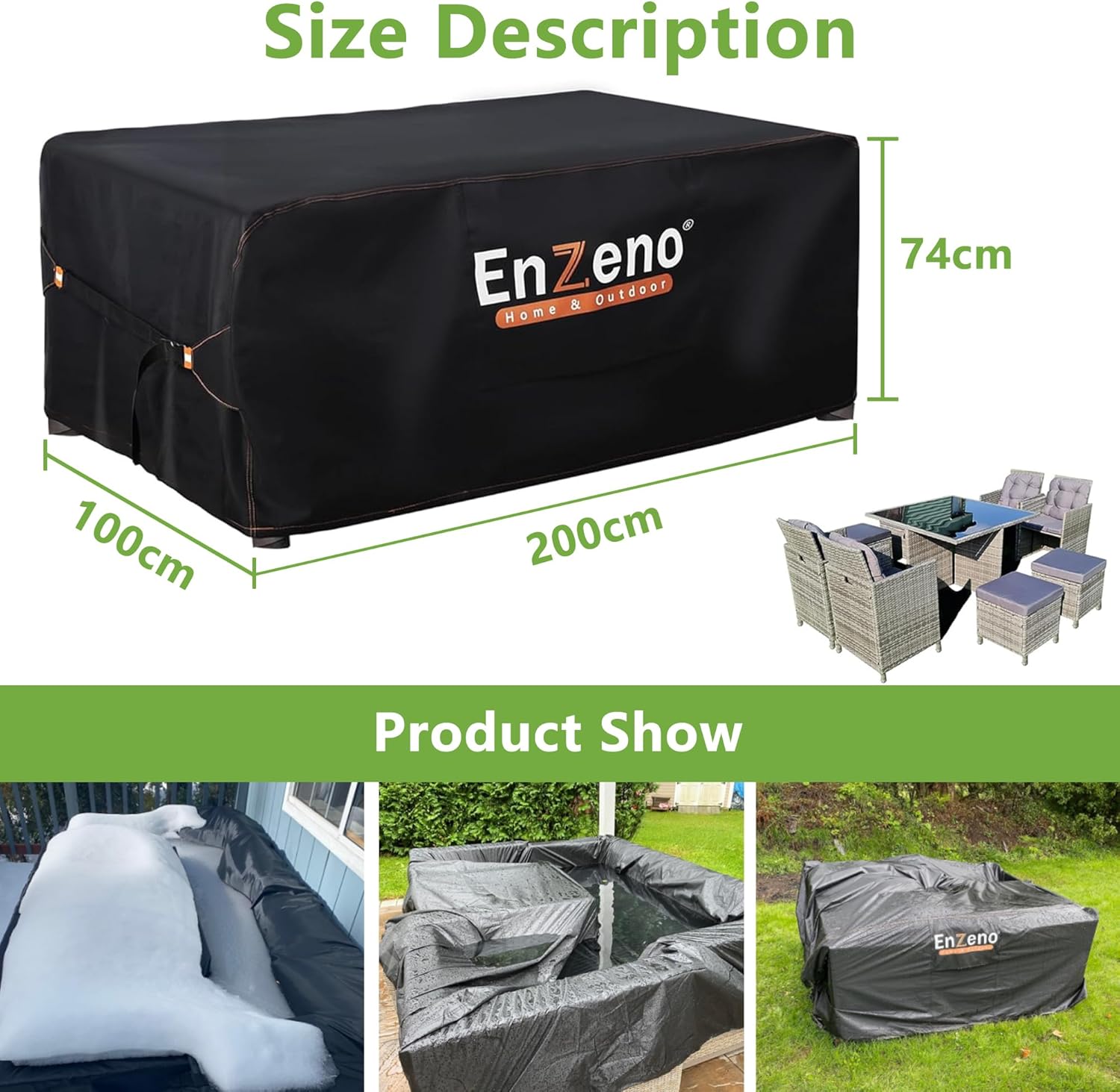 Thumbnail 5 de Enzeno Abdeckung für Gartenmöbel wasserdicht 200 x 100 x 74 cm (420D Oxford, winterfest) mit Luftauslass