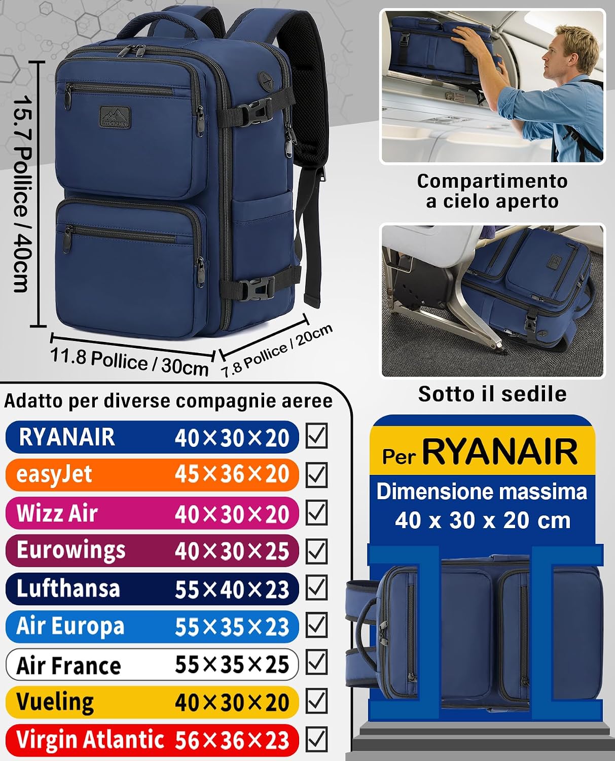 Thumbnail 1 de LYNXCHER Zaino Ryanair 40x30x20: Compagno di viaggio 24L con scomparto laptop 15,6 pollici, Under Seat approvato (Blu Scuro)