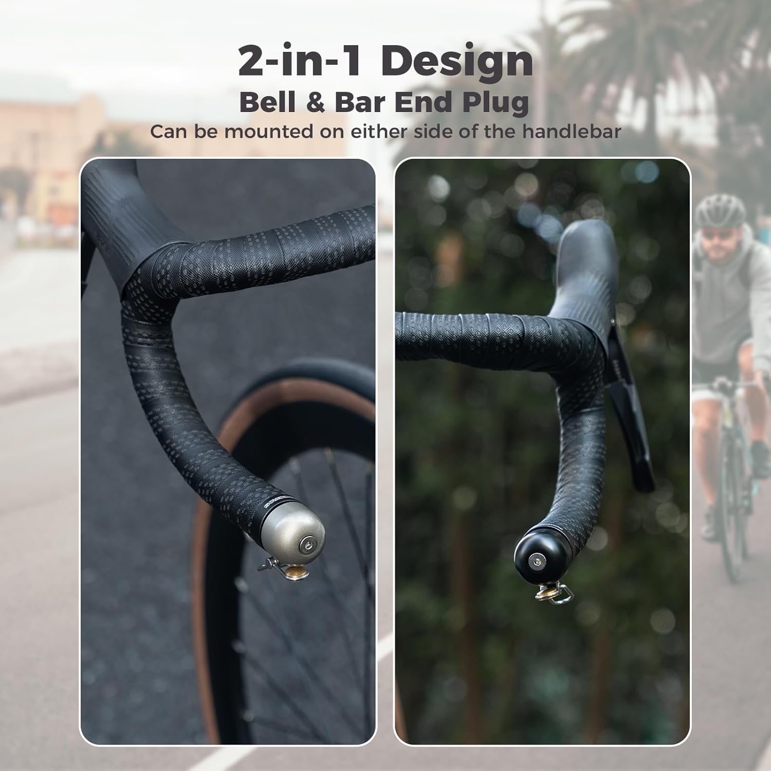 Detalle de ROCKBROS campanello bici 2-in-1 mini con tappo manubrio, 80 dB e fissaggio per manubri 22,2 mm