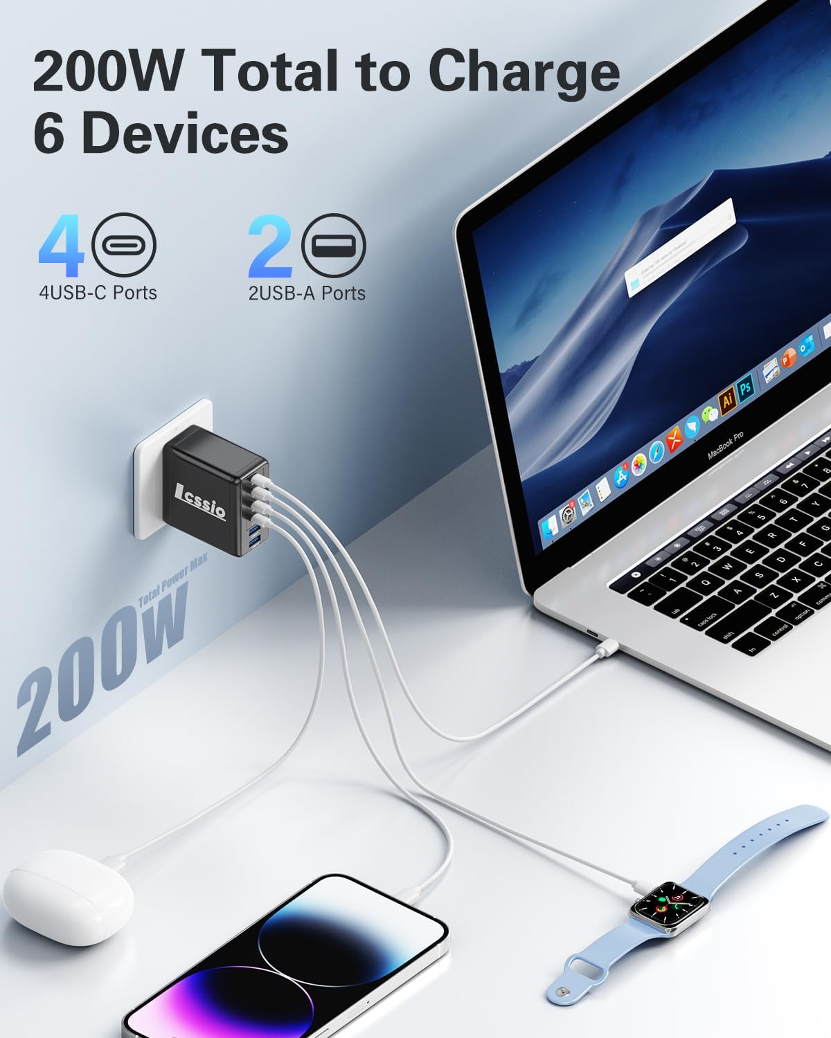 Thumbnail 1 de 200W 6-Port USB-C Charger Pack with 4 Cables