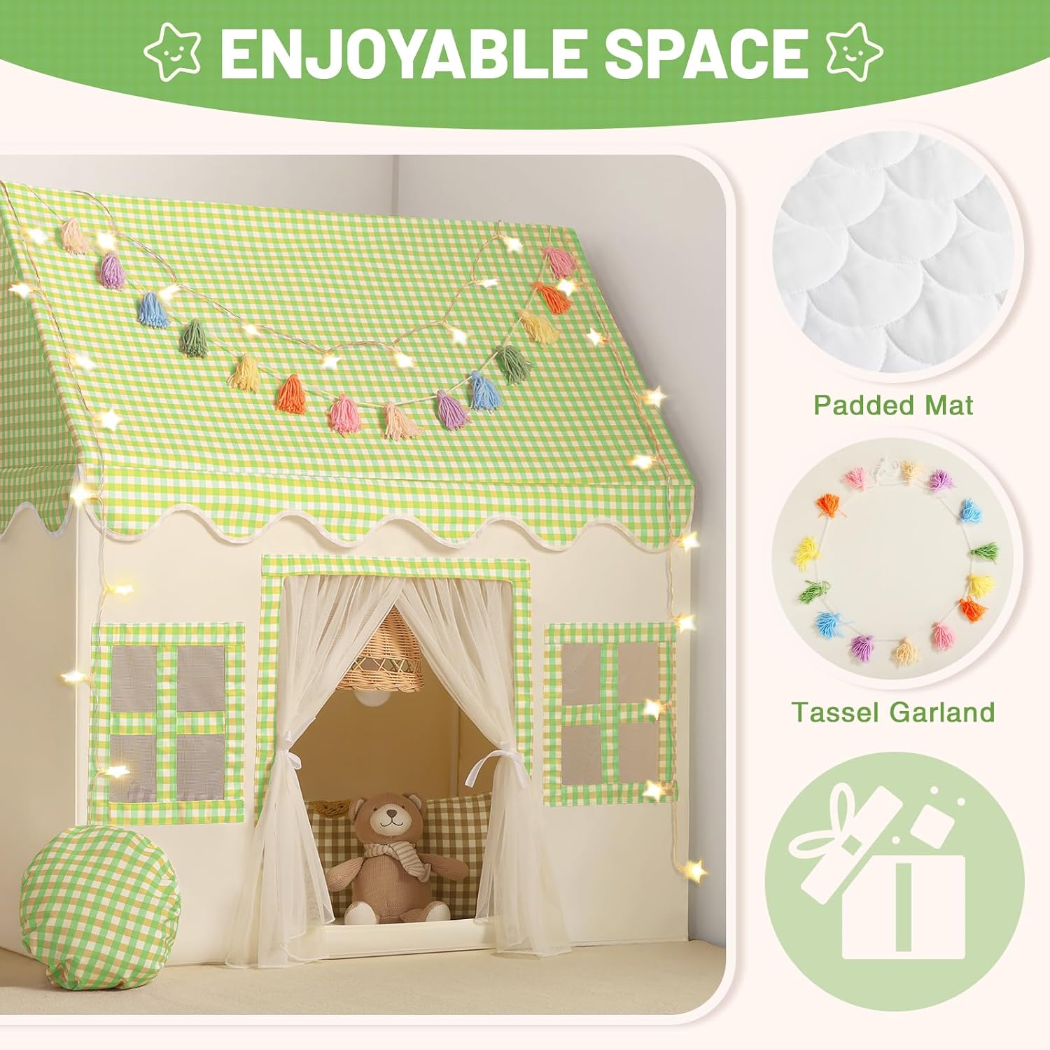 Detalle 2 de Wilwolfer Kids Indoor Play Tent: Princess PlayHouse with Green Checkered Mat & Tassel Garland (67.5×97×107.5 cm)