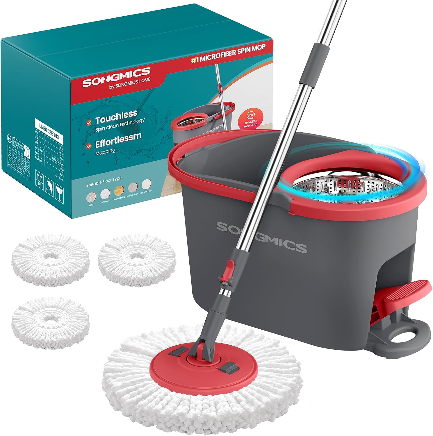SONGMICS Spin Mop Bucket Set with Pedal Wringer (LMB002GT03) – 122.5–150 cm Adjustable Telescopic Handle