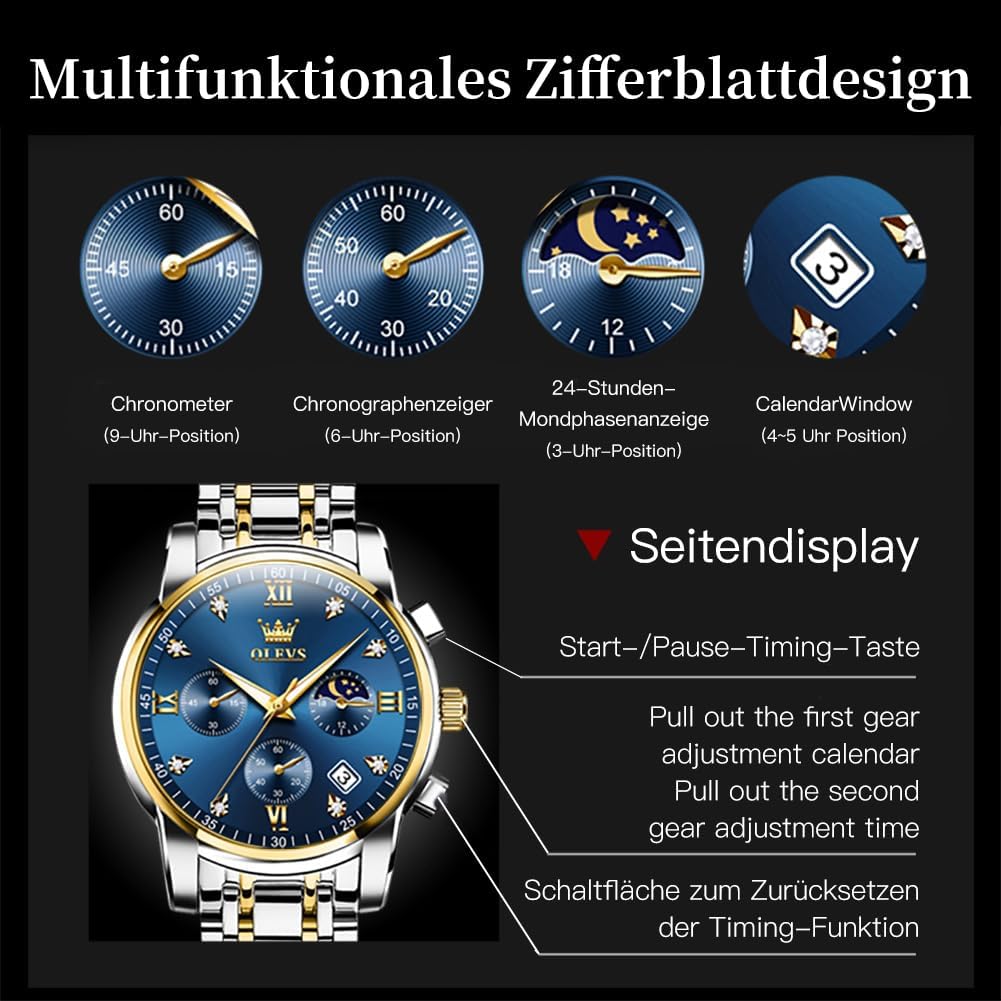Detalle 2 de OLEVS Herrenuhr schwarz mit Edelstahlarmband – Quarz, Datumsanzeige, 30 m wasserdicht