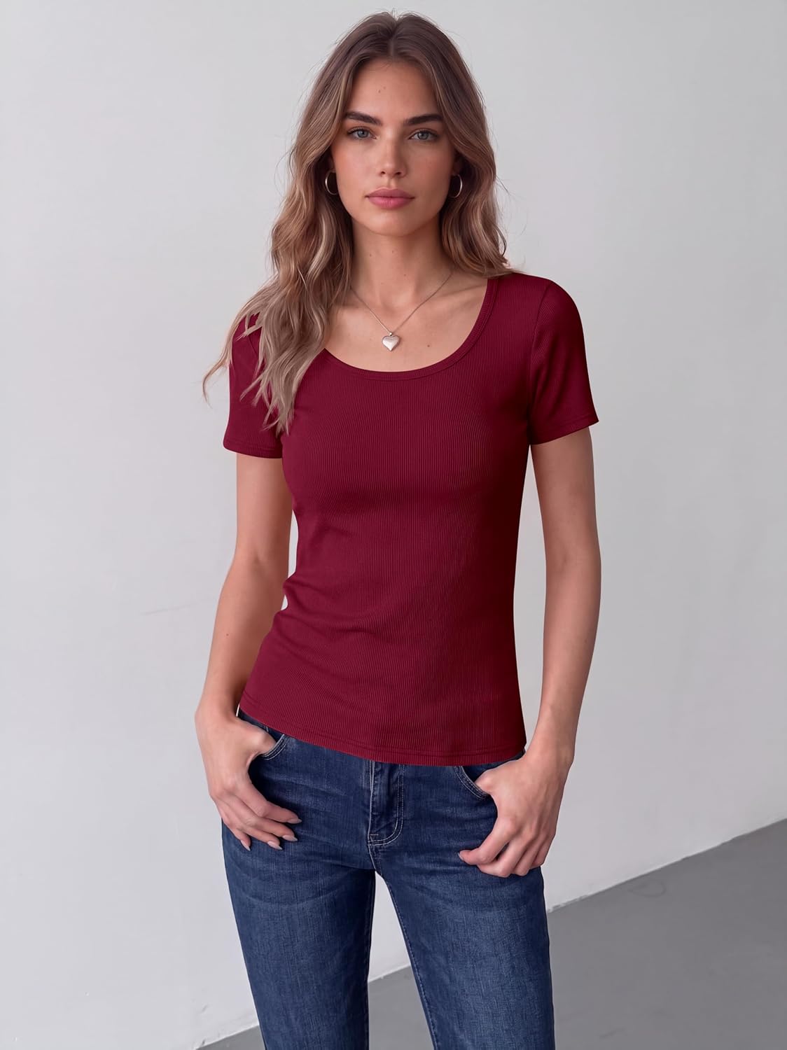 Detalle de Zeagoo Women's Short Sleeve Scoop Neck Rib Knit Tee