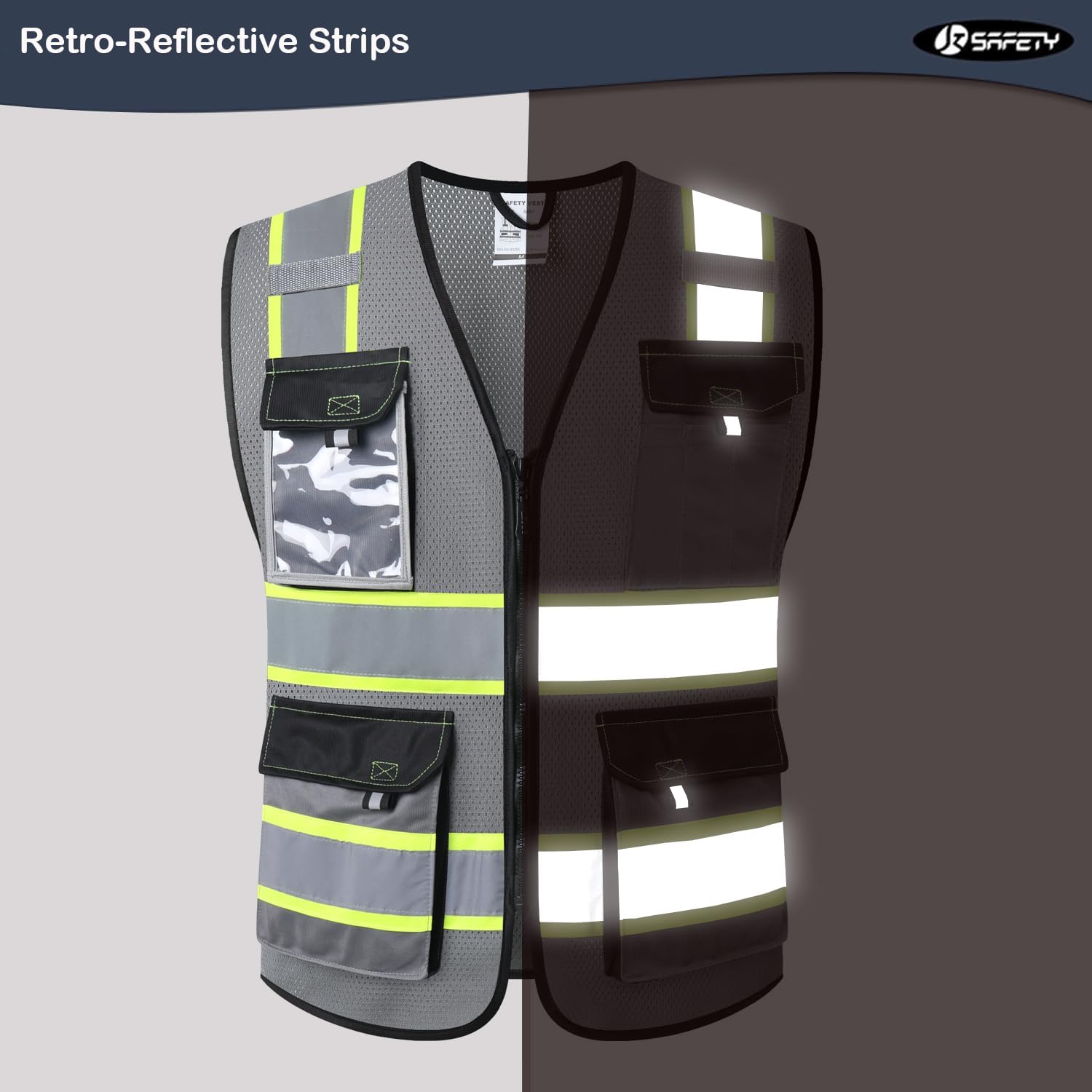Detalle de JKSafety JK220 Safety Vest, Gray 4XL, Reflective Mesh with 4 Strips