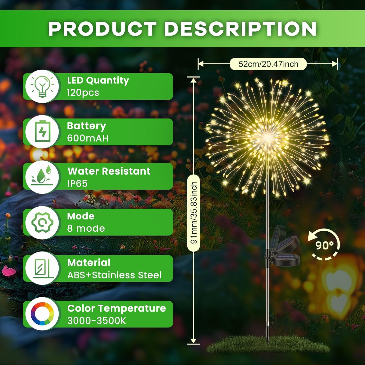 Thumbnail 1 de Pack of 4 Solar Lights Outdoor Garden – Dandelion Solar Firework Lights, 120 LEDs, 8 Modes, IP65 Waterproof