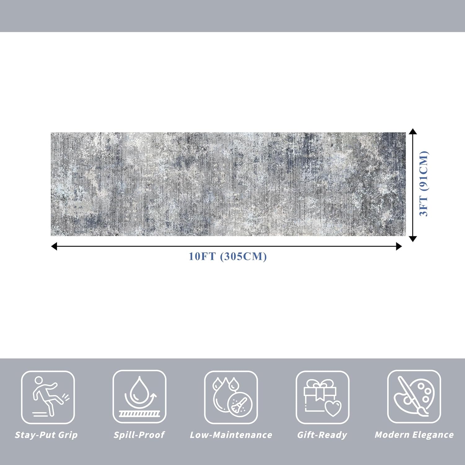 Thumbnail 1 de 3x10 ft Long Hallway Runner Rug – Non-Slip, Washable Blue Gray Abstract