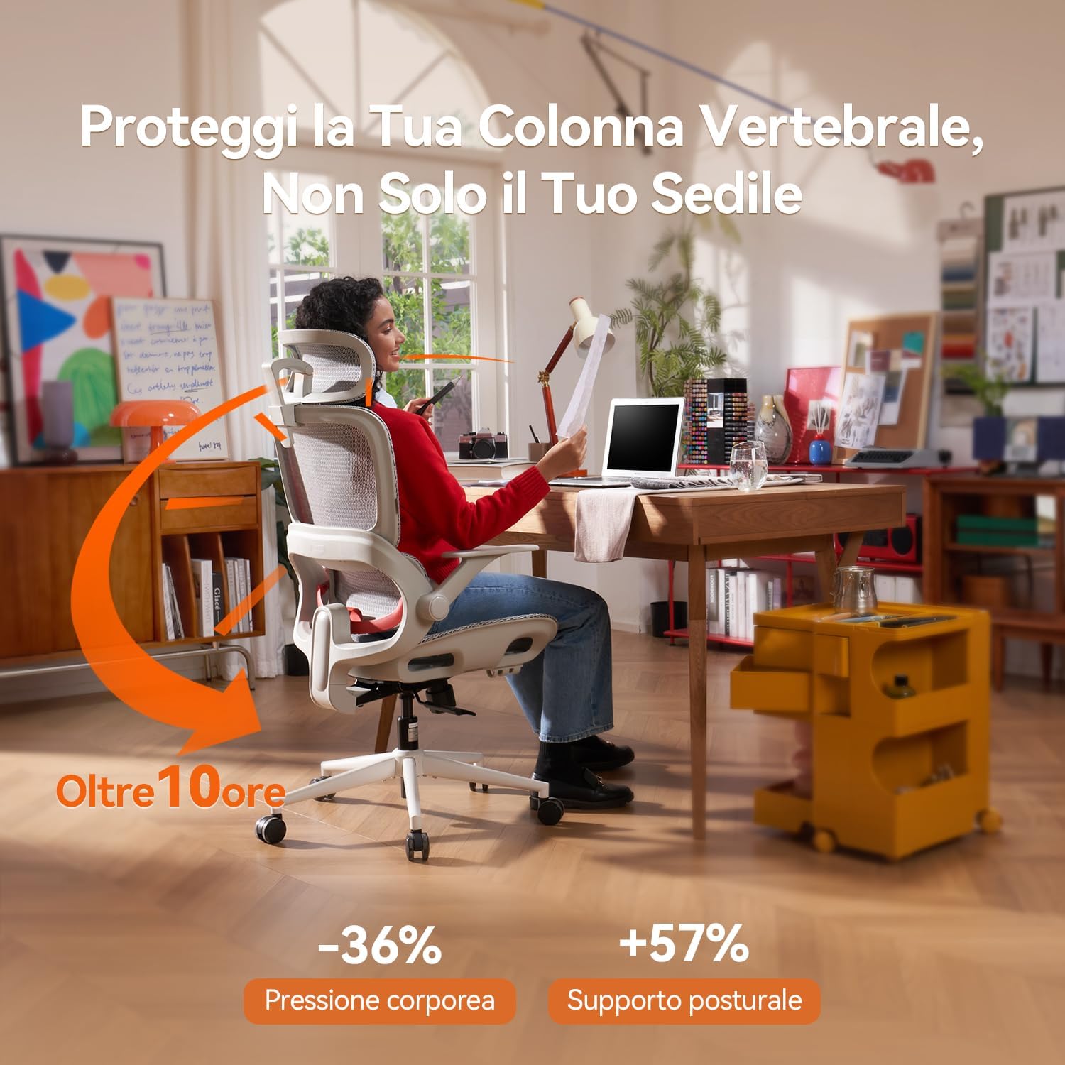 Thumbnail 3 de SIHOO B100 sedia ergonomica da ufficio con supporto lombare dinamico, poggiatesta e reclinazione 90–135° (bianca, senza poggiapiedi)