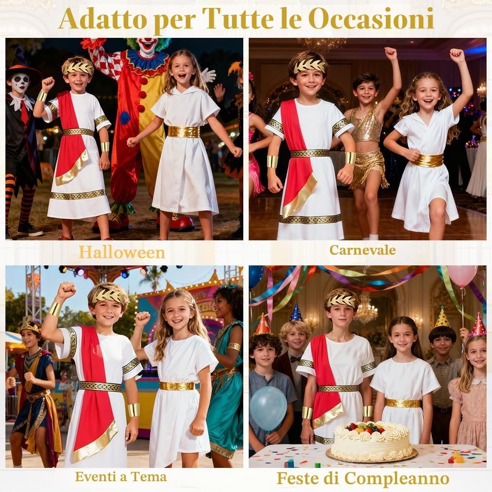 Thumbnail 6 de BSBUY Costume antica Grecia e Roma per bambini bianco e rosso con toga, cintura e fascia