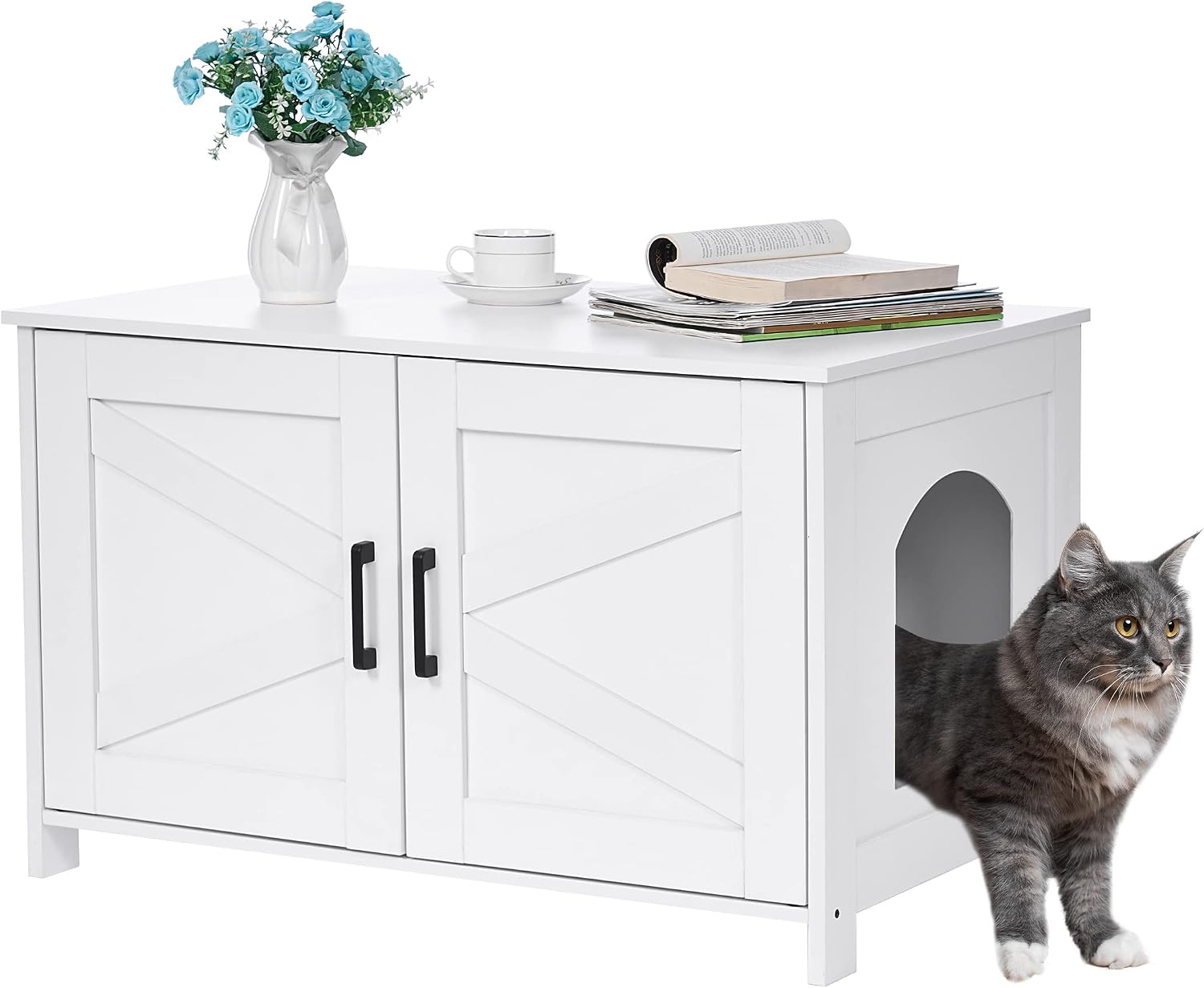 Detalle de Homhedy 31.5-Inch Cat Litter Box Enclosure with Barn Door, White