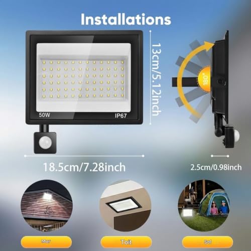 Detalle de Projecteur LED Extérieur Plazique 50W avec Détecteur de Mouvement – 5000LM, IP67