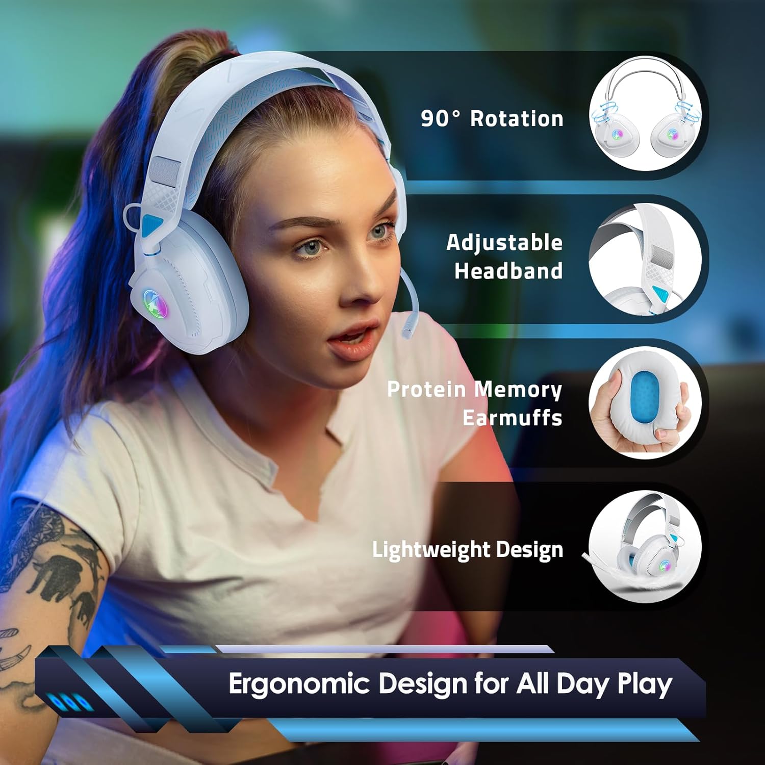 Thumbnail 5 de Awinnasey PH3 Wireless Gaming Headset for PS5, PS4, PC, Mac & Switch (Pearl White)