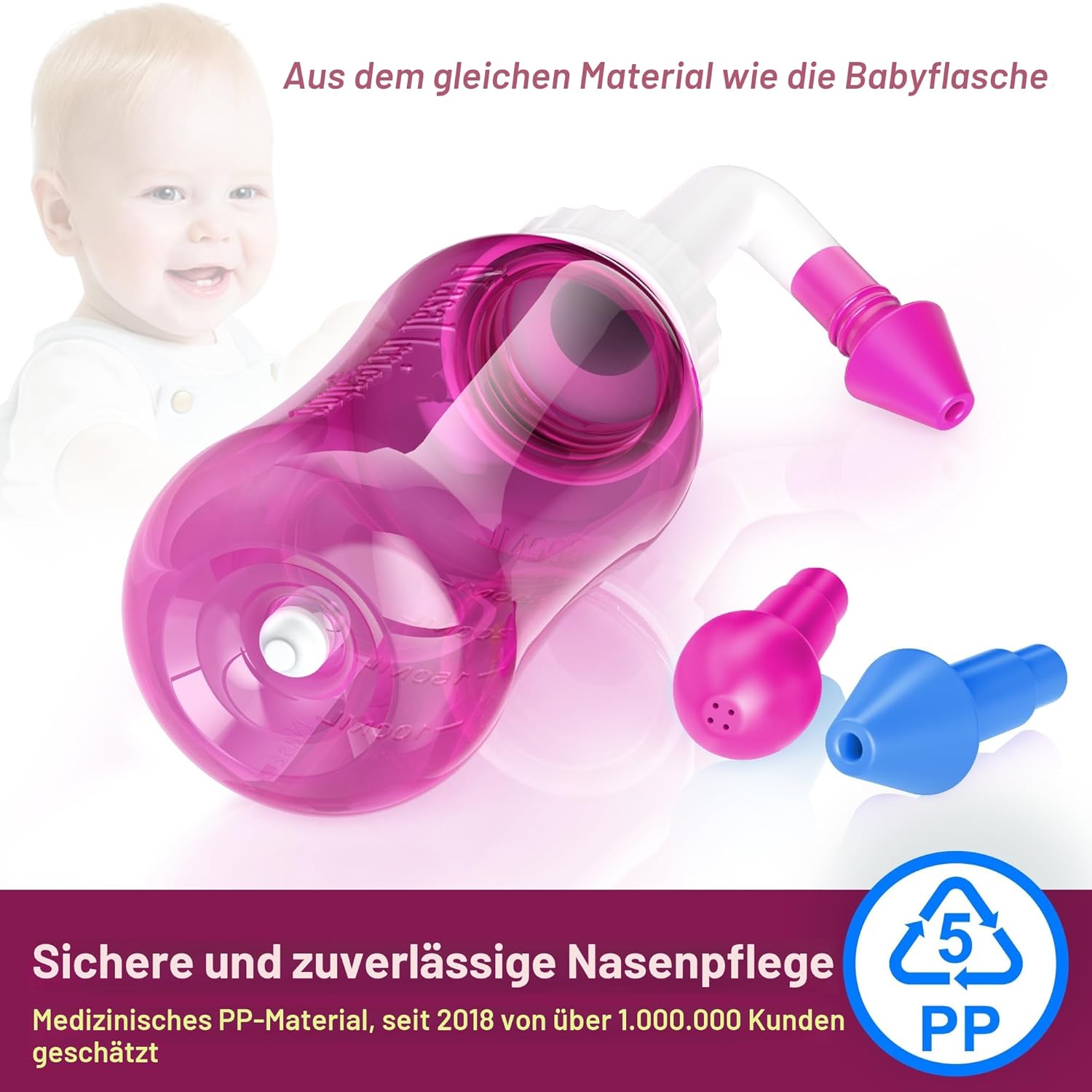 Detalle de Nasendusche Set – Neti-Topf zur Nasenspülung, 300 ml, BPA-frei, inkl. 30 Nasenwasch-Salzpakete und rosa Aufkleberthermometer
