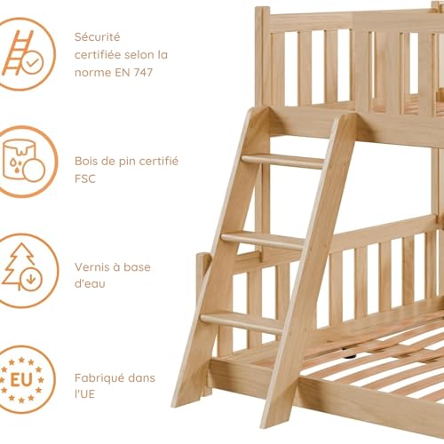 Detalle de Kids Collective Lit superposé 90x200 / 120x200 pour enfant et ado avec échelle, barrières et sommiers à lattes – Finition Naturelle