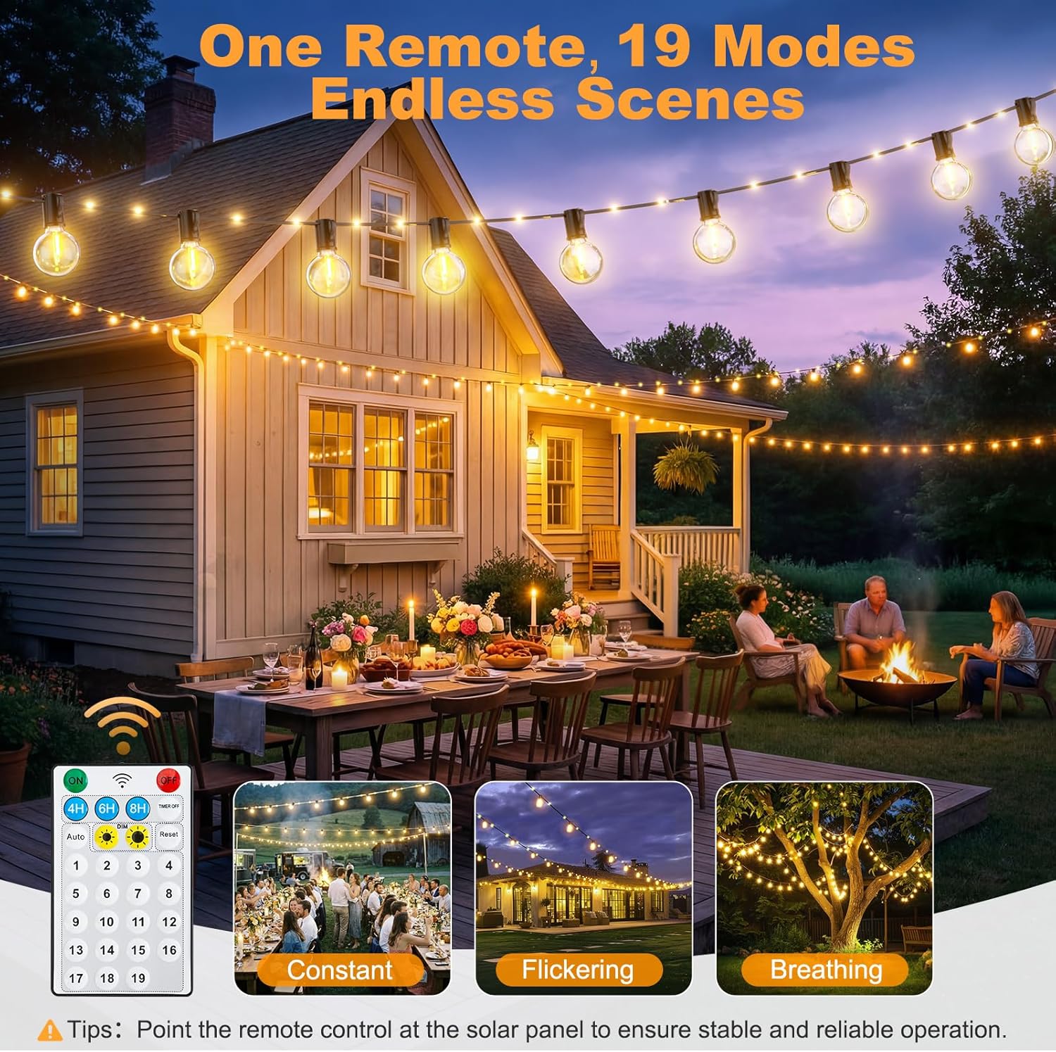 Thumbnail 3 de Solar-Lichterkette Außen FIFlying 12 m – 26 LEDs + 14 Glühbirnen, IP44, USB-Aufladung, 19 Modi