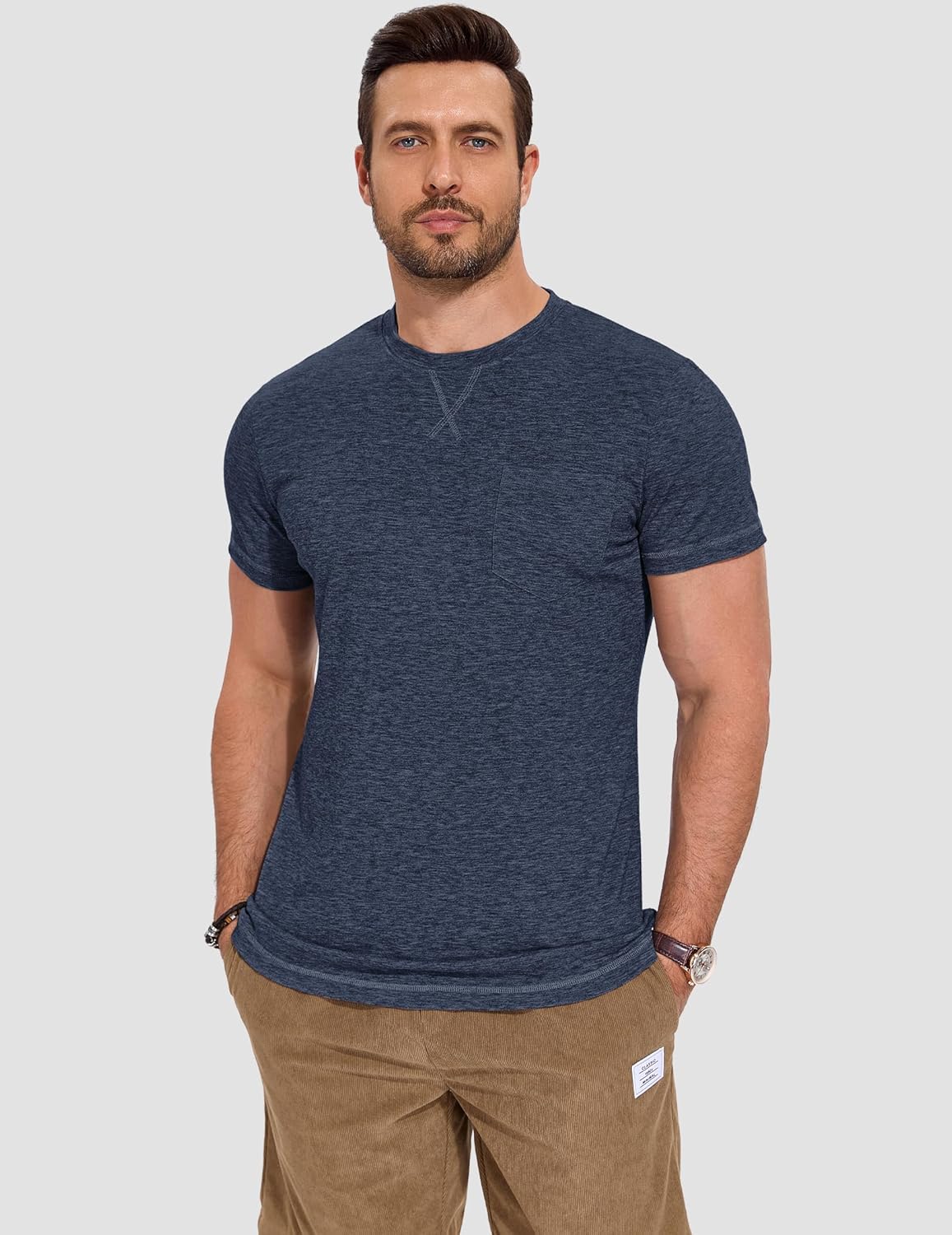 Thumbnail 1 de TARAINYA Herren Baumwolle Kurzarm Rundhals T-Shirt – Einfarbig, mit Brusttasche, M–4XL