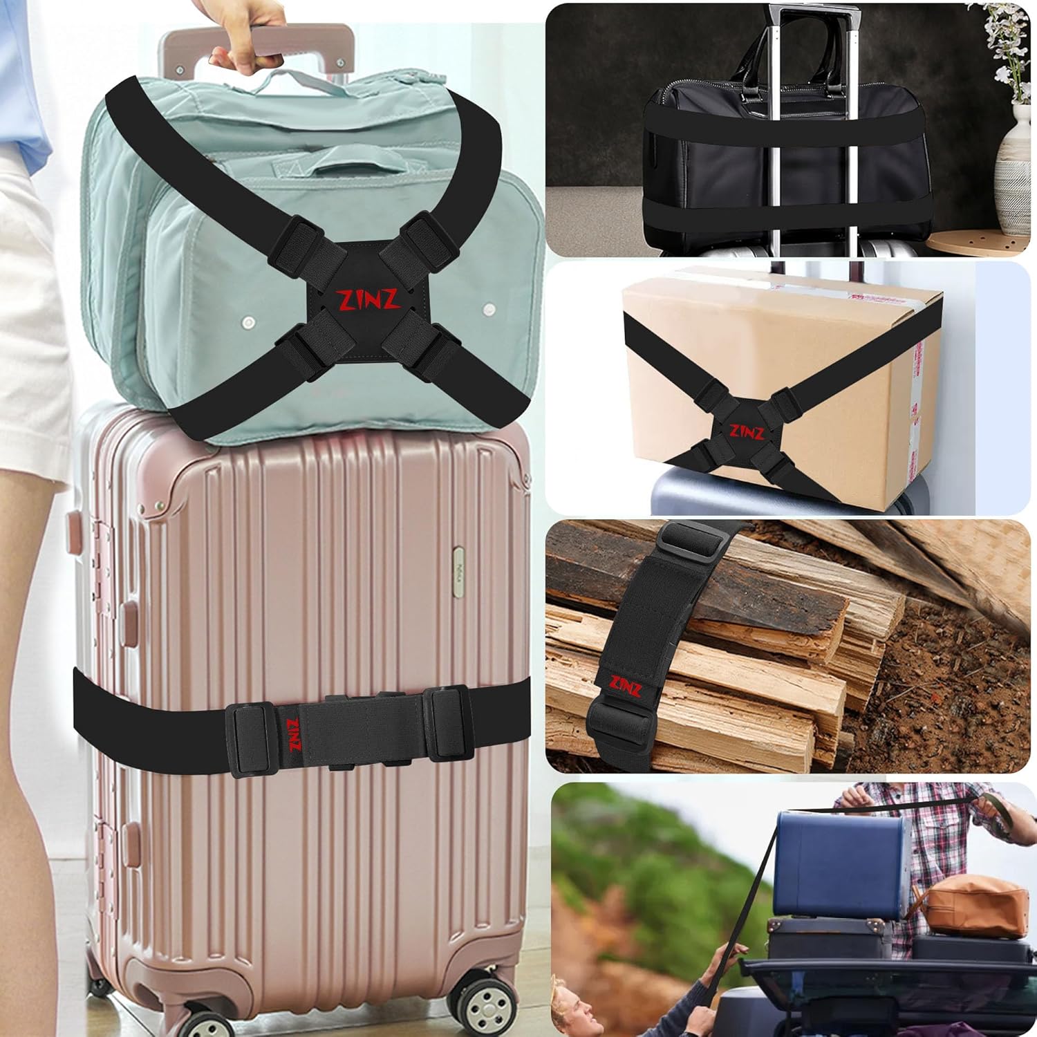 Detalle 1 de ZINZ sangle de valise élastique réglable (ensemble noir/rouge) pour sécuriser bagages et sacs