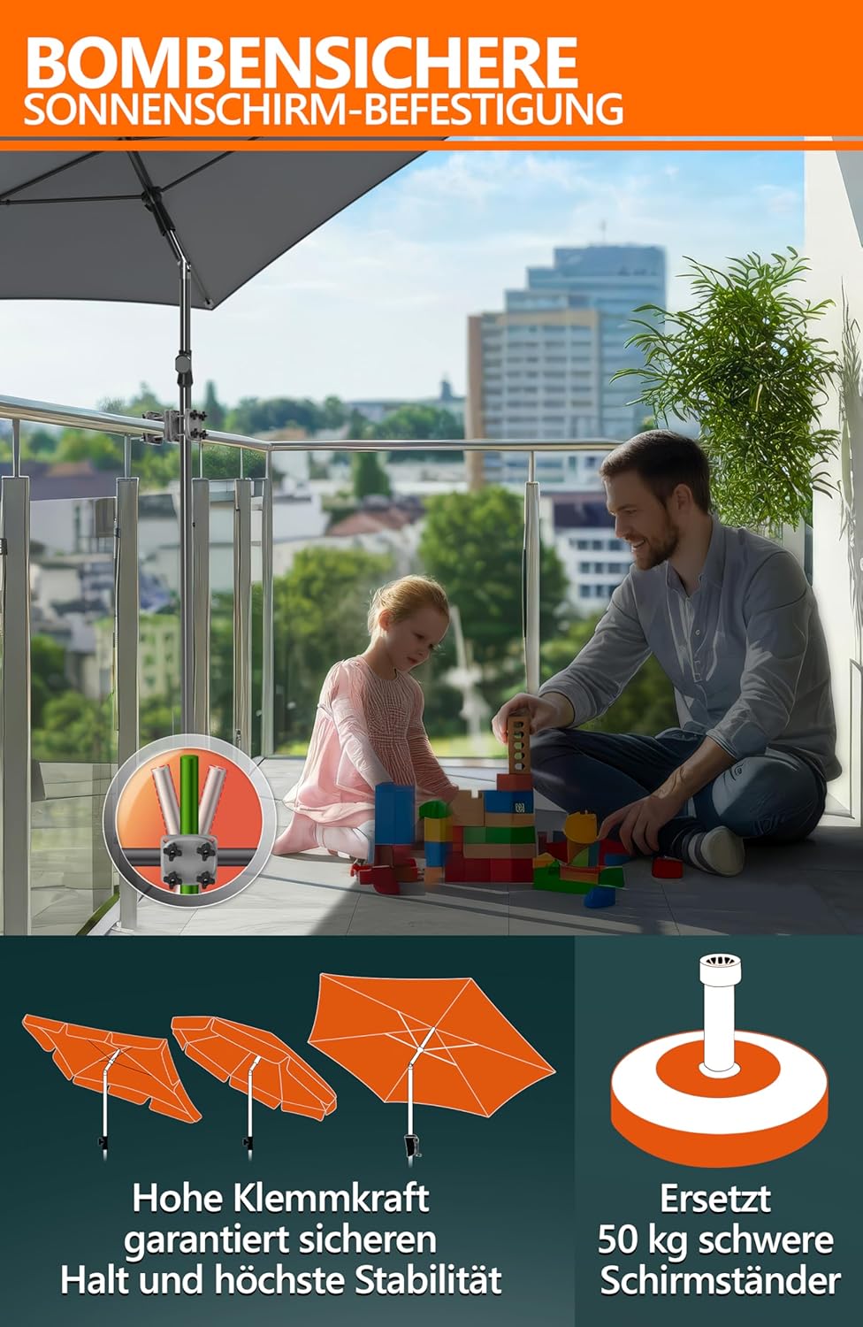 Detalle de 4smile Support de Parasol SunnyGuy 2.0 – Base Universelle et Compacte pour Balcon, Gris