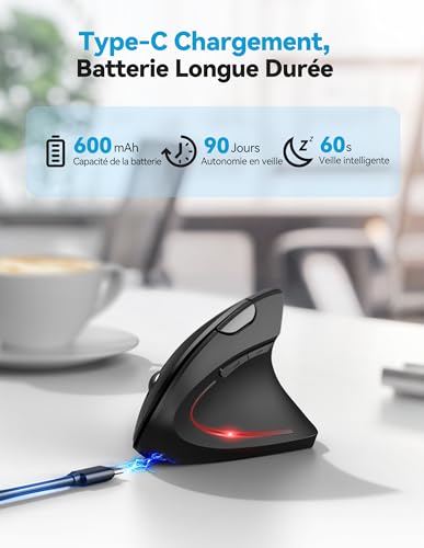 Detalle de TECKNET souris verticale ergonomique rechargeable, 3 modes, 4 800 DPI, 6 boutons