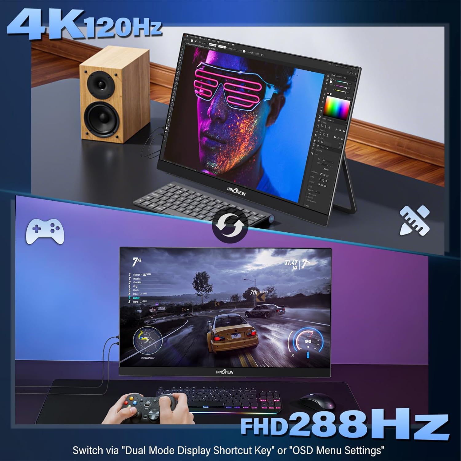 Thumbnail 1 de InnoView 27-Inch Dual-Mode 4K UHD/ FHD 120Hz/288Hz Portable Monitor with USB-C & HDMI