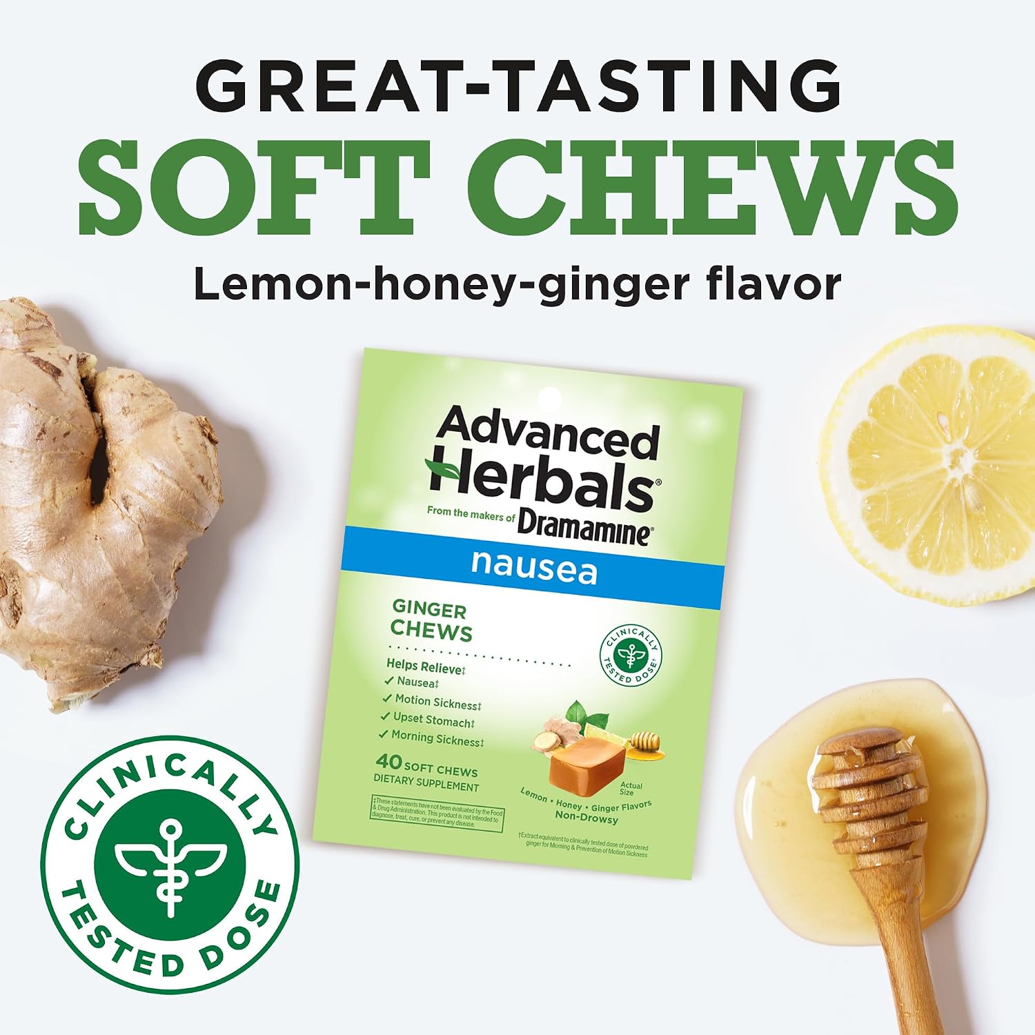 Detalle 2 de Dramamine Advanced Herbals Ginger Chews for Nausea, 40 Count