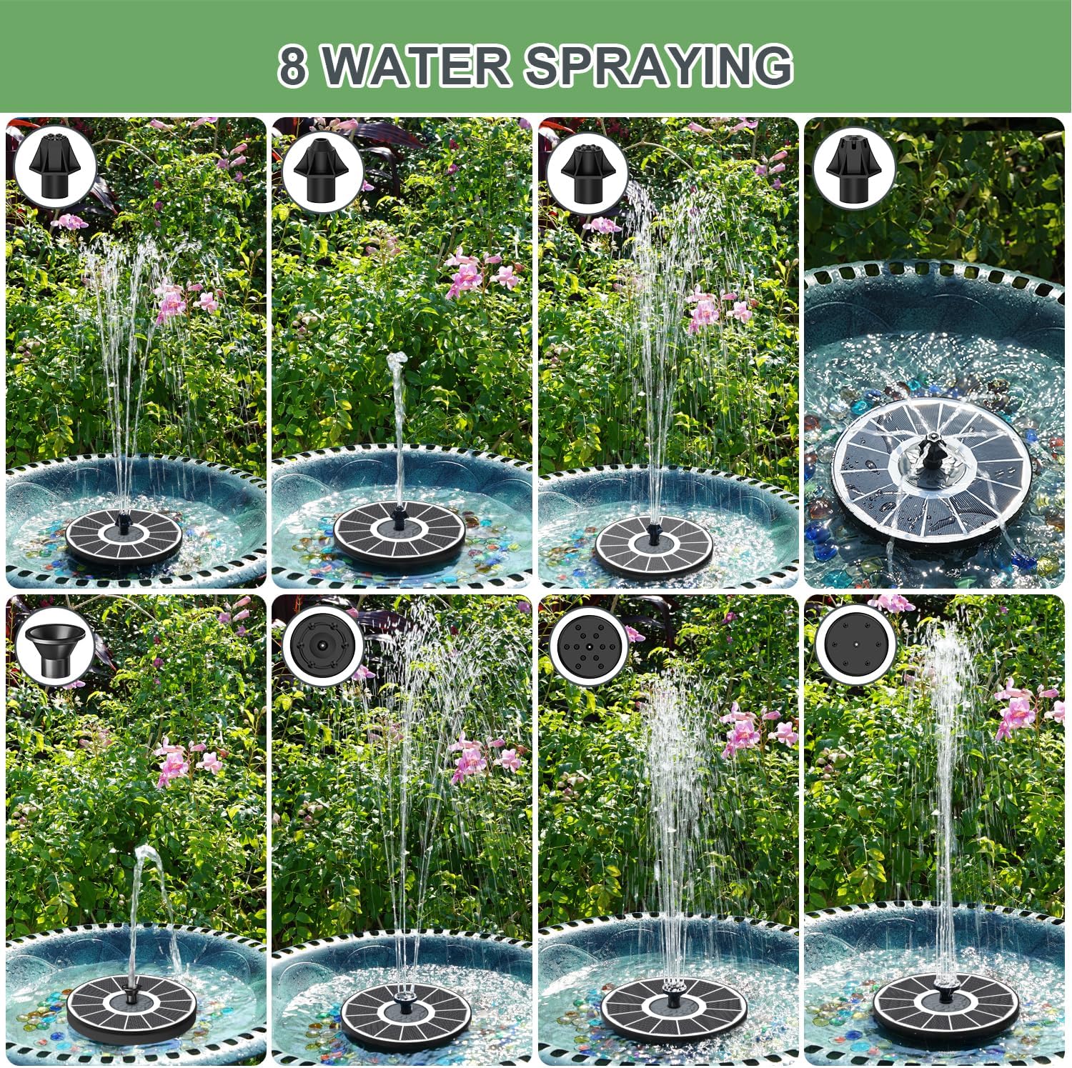 Detalle de Yzert Solar Fountain 2025 Upgrade 3.5W Glass Panel Bird Bath Fountain (White) with 8 Spray Modes