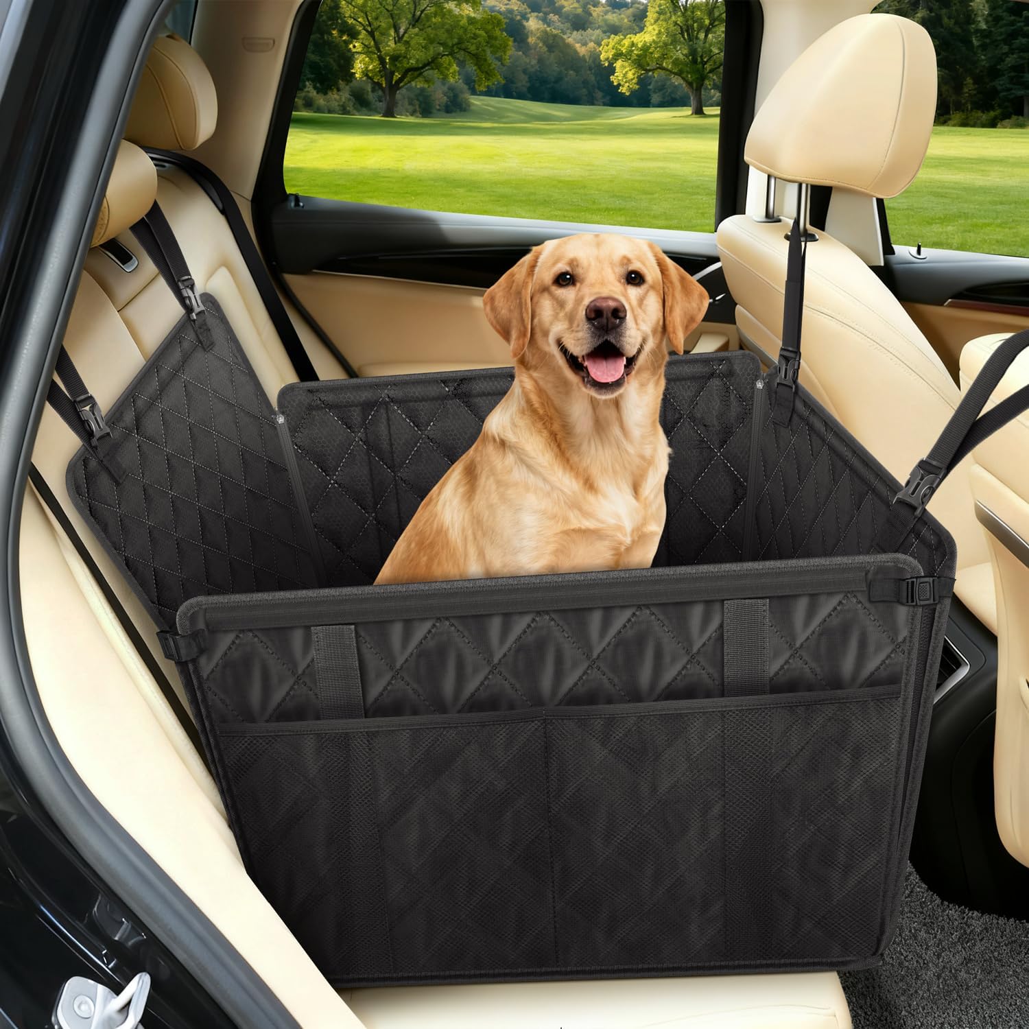Detalle de Looxmeer Extra Stable Dog Car Seat with Seat Belt: Waterproof, 4 Storage Pockets, Up to 26kg