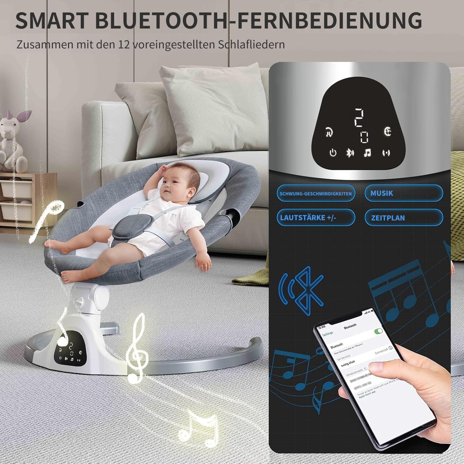 Detalle 2 de Bluetooth-Baby-Schaukel für Säuglinge – 5 Geschwindigkeiten, 12 Schlaflieder, Bluetooth- & USB-Verbindung