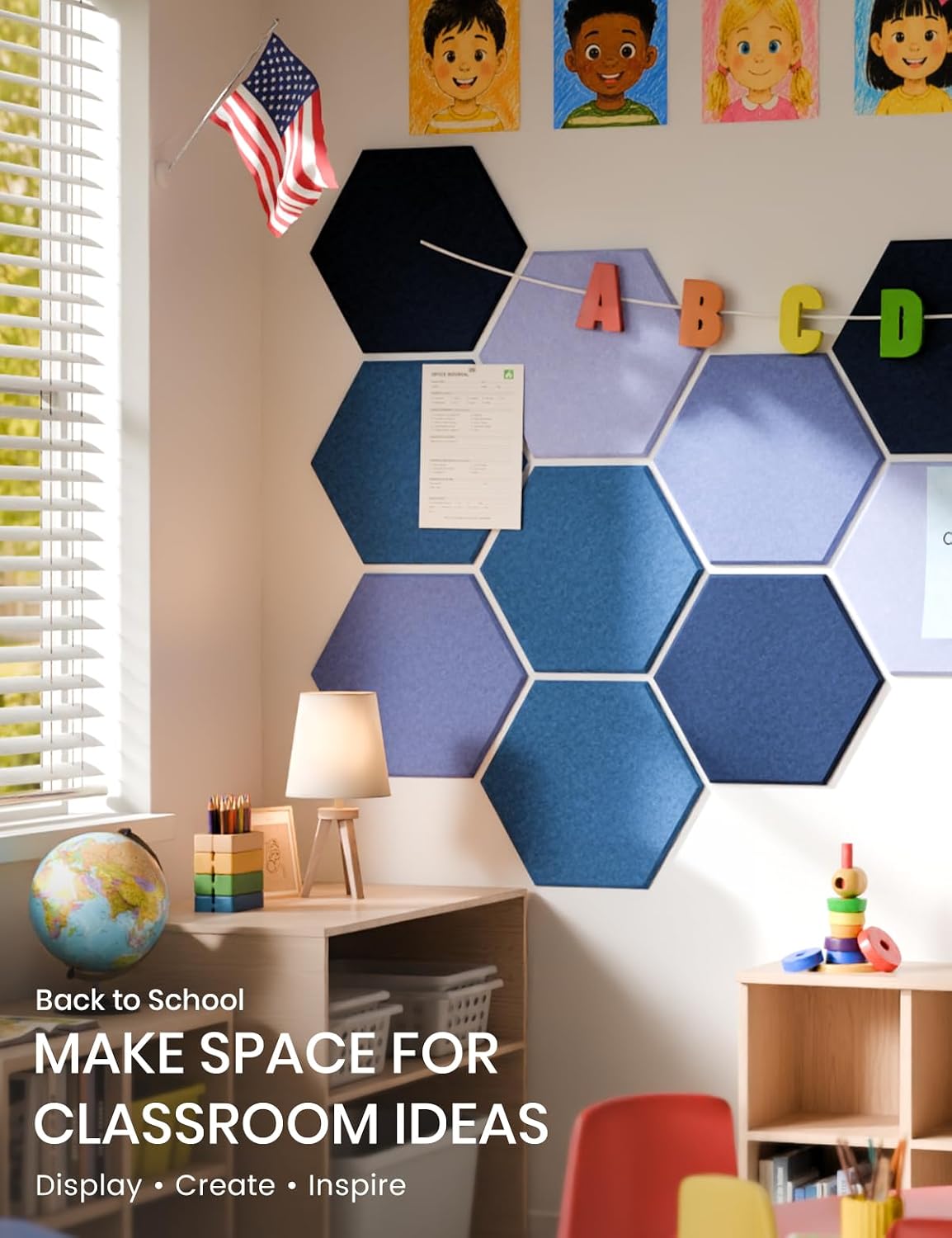 Detalle 1 de Fluxynara 10-Pack Hexagon Felt Bulletin Boards, Denim Mist, 50 Adhesive Tabs