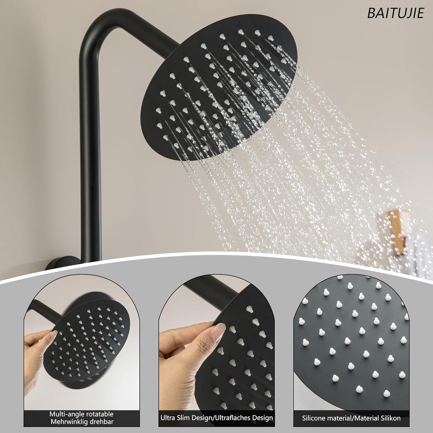 Thumbnail 6 de BAITUJIE Duschset schwarz – 2 in 1 Duschsystem mit großer Regendusche (20x20 cm) & Handbrause, komplettes Montageset