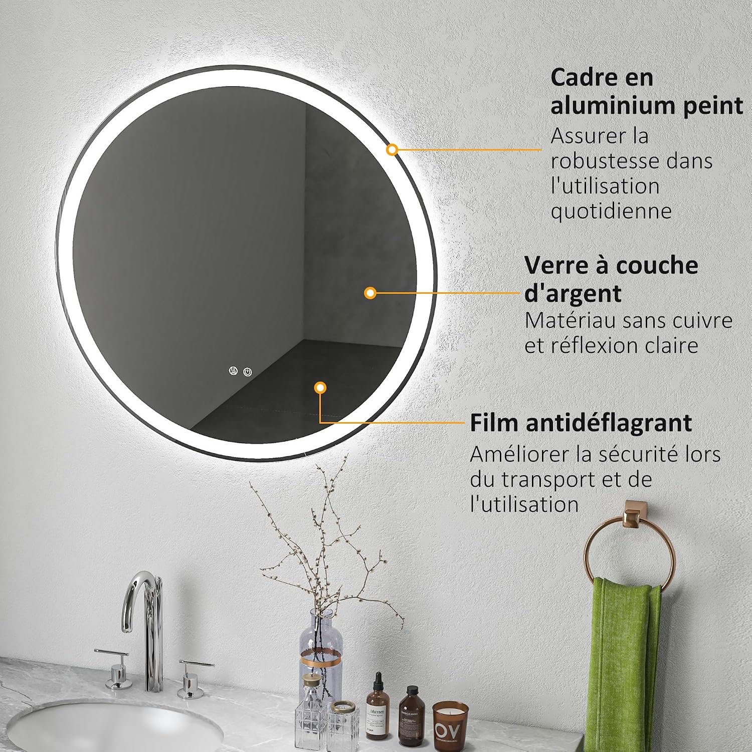Detalle 2 de kleankin Miroir de salle de bain rond Ø 80 cm avec éclairage LED et anti-buée