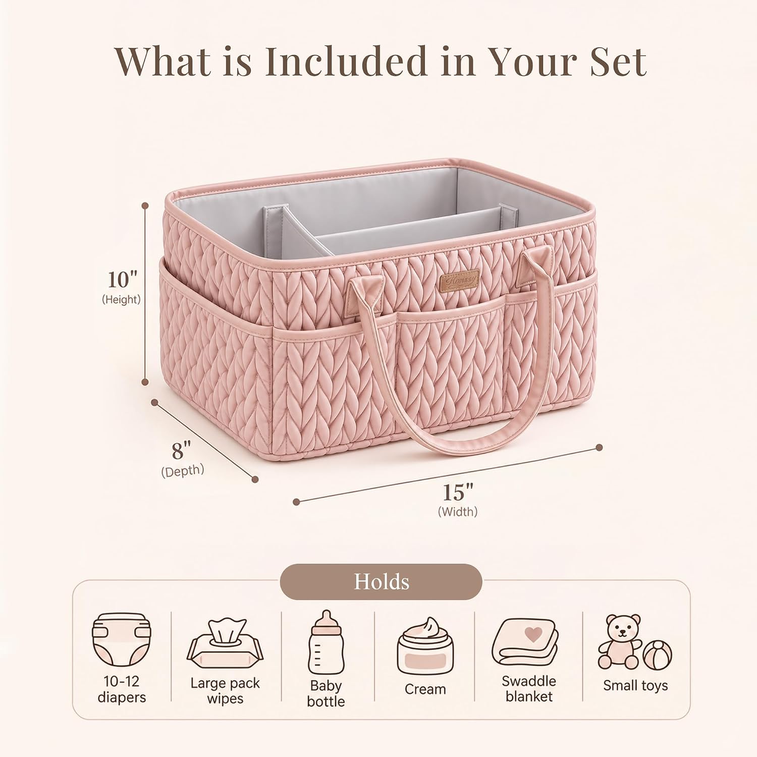 Detalle de Konssy Braided Blush Diaper Caddy with Removable Divider and PU Handles