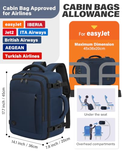Detalle de VANKEV 45x36x20 EasyJet Cabin Bag Underseat Travel Backpack
