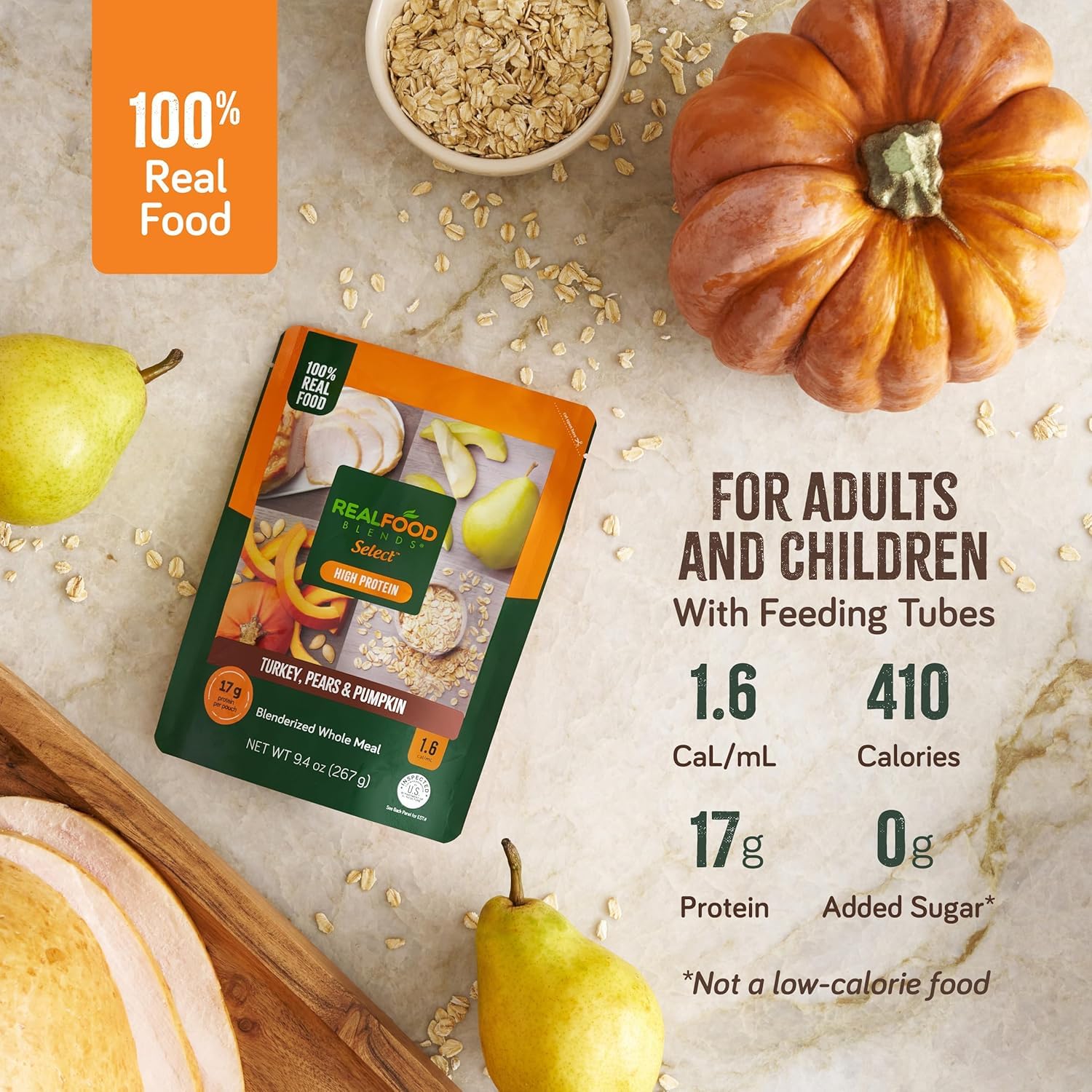 Detalle de REAL FOOD BLENDS Select 202464 Turkey, Pears & Pumpkin Tube Feeding Meal, 12 Pack