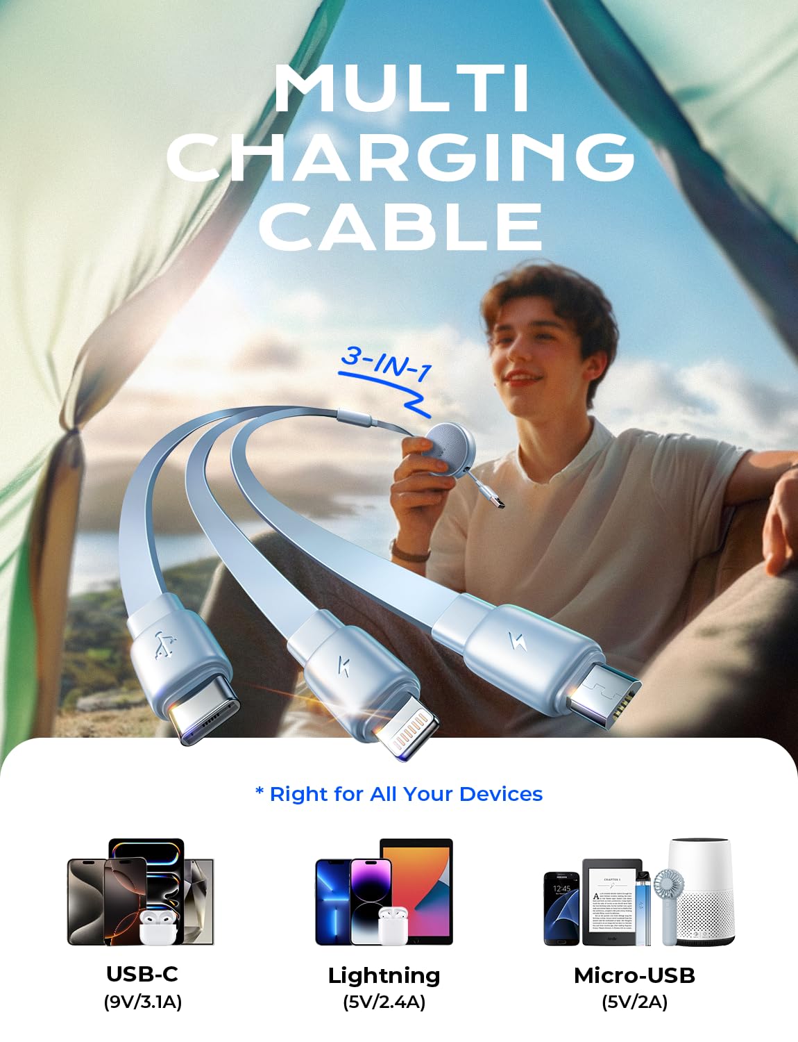 Detalle 2 de LISEN Multi Ladekabel 1.2 m für iPhone 17 Pro – 3-in-1 USB-C/Micro-USB/Lightning Auto-Ladekabel