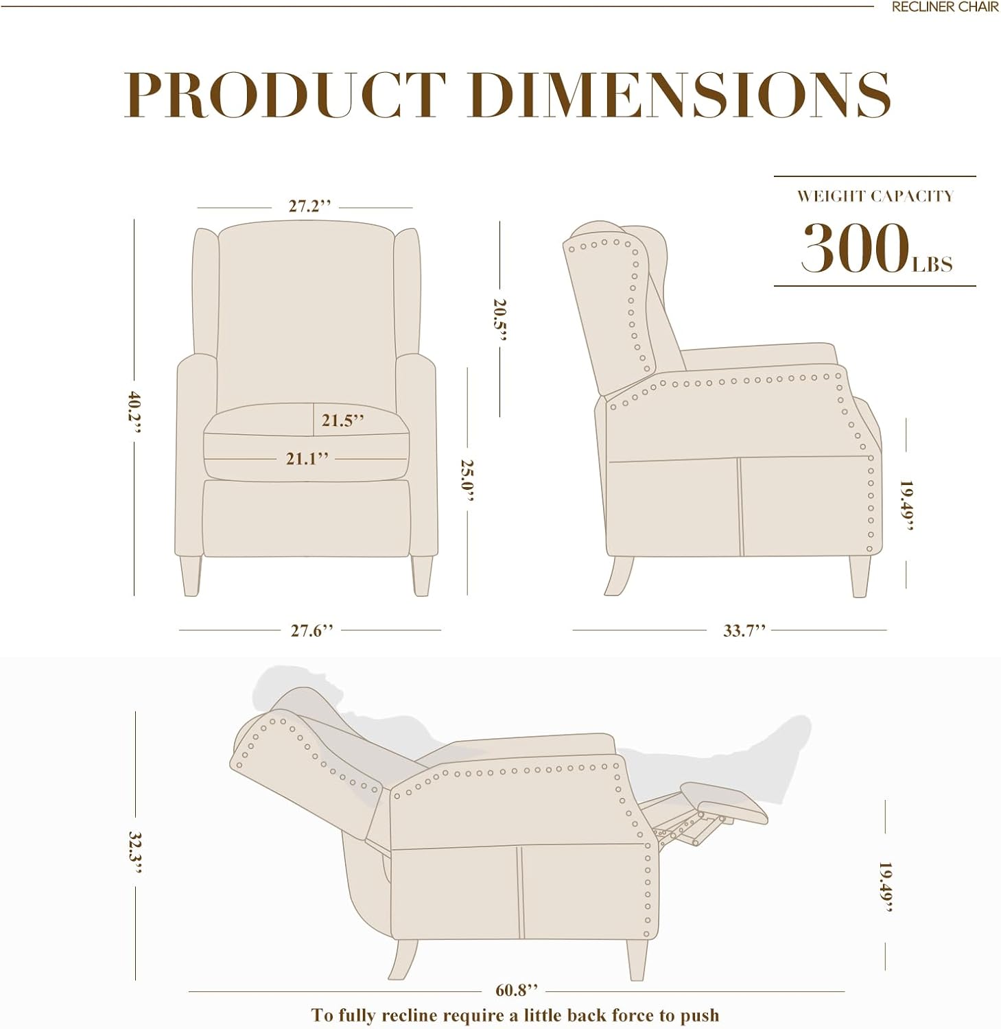 Detalle de COLAMY W502 Wingback Pushback Recliner Chair, Beige Chenille with Side Pocket