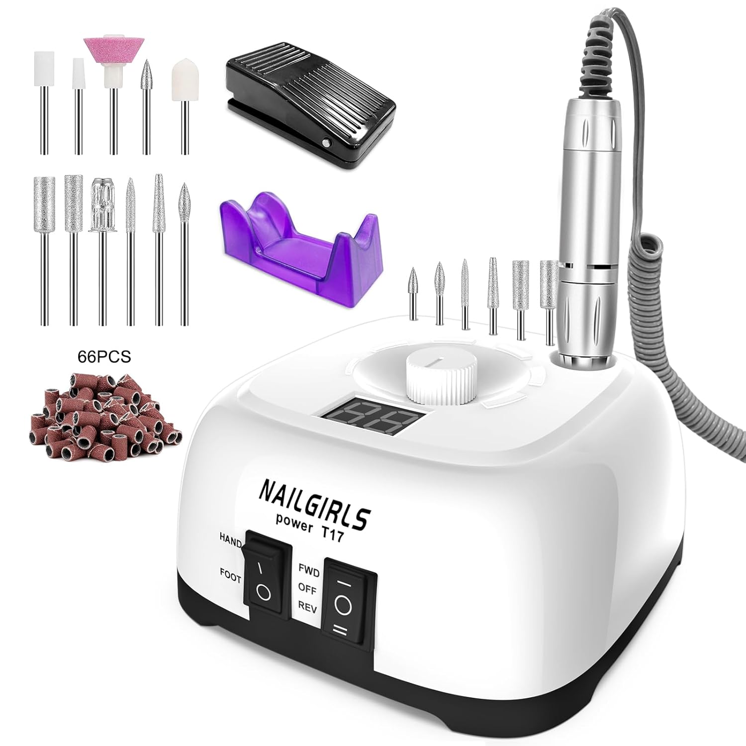 NAILGIRLS Nagelfeile elektrisch (11-in-1) für Gelnägel mit 0–35.000 U/Min, LCD & Fußpedal