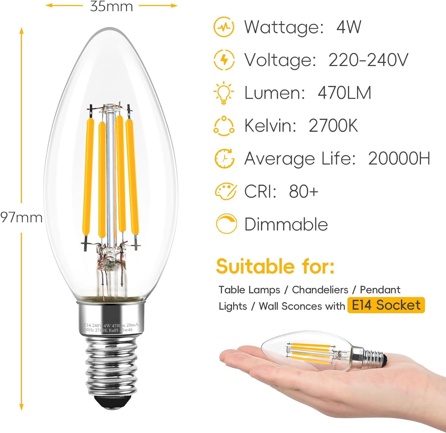 Thumbnail 6 de Levidon E14 LED Candle Bulbs Dimmable, 4W (40W Equivalent) – Pack of 6