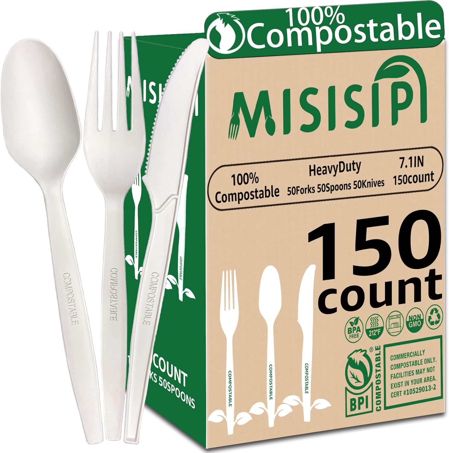 Detalle de MISISIPI Cutlery Set-150 Compostable Cutlery Set, Ivory White, 150 Pieces