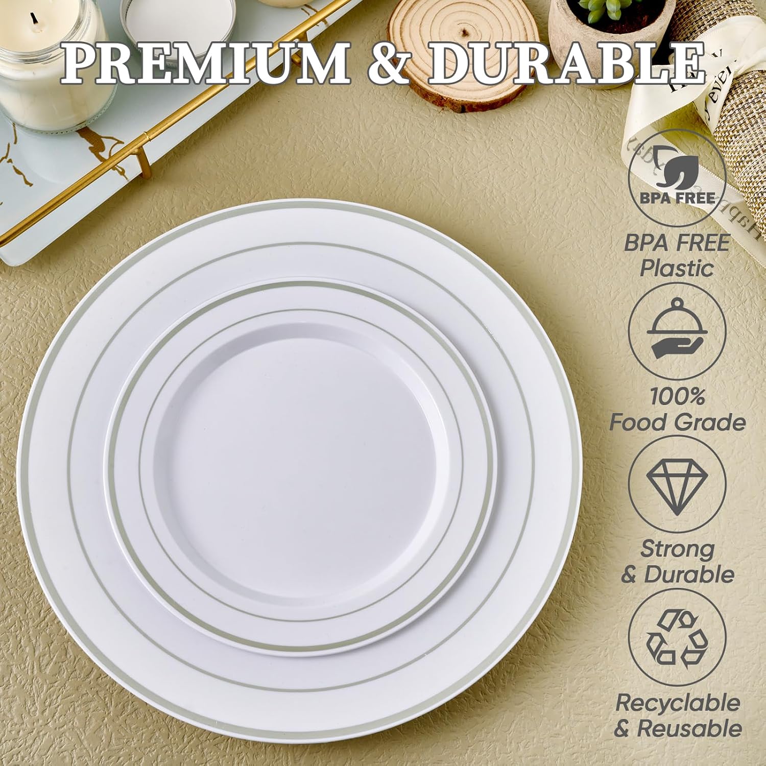 Detalle 2 de FOCUSLINE Silver Plastic Plates Set of 60 – 10" Dinner + 7" Salad Plates with Elegant Silver Rim