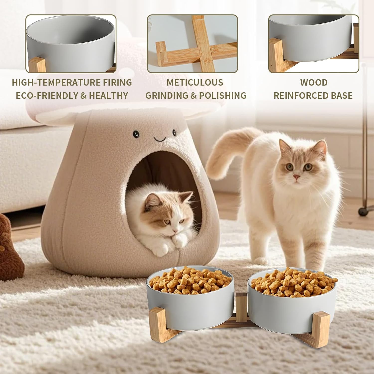 Thumbnail 3 de Double Ceramic Cat Bowls 400ML Raised Cat Feeder with Wooden Stand – Grey