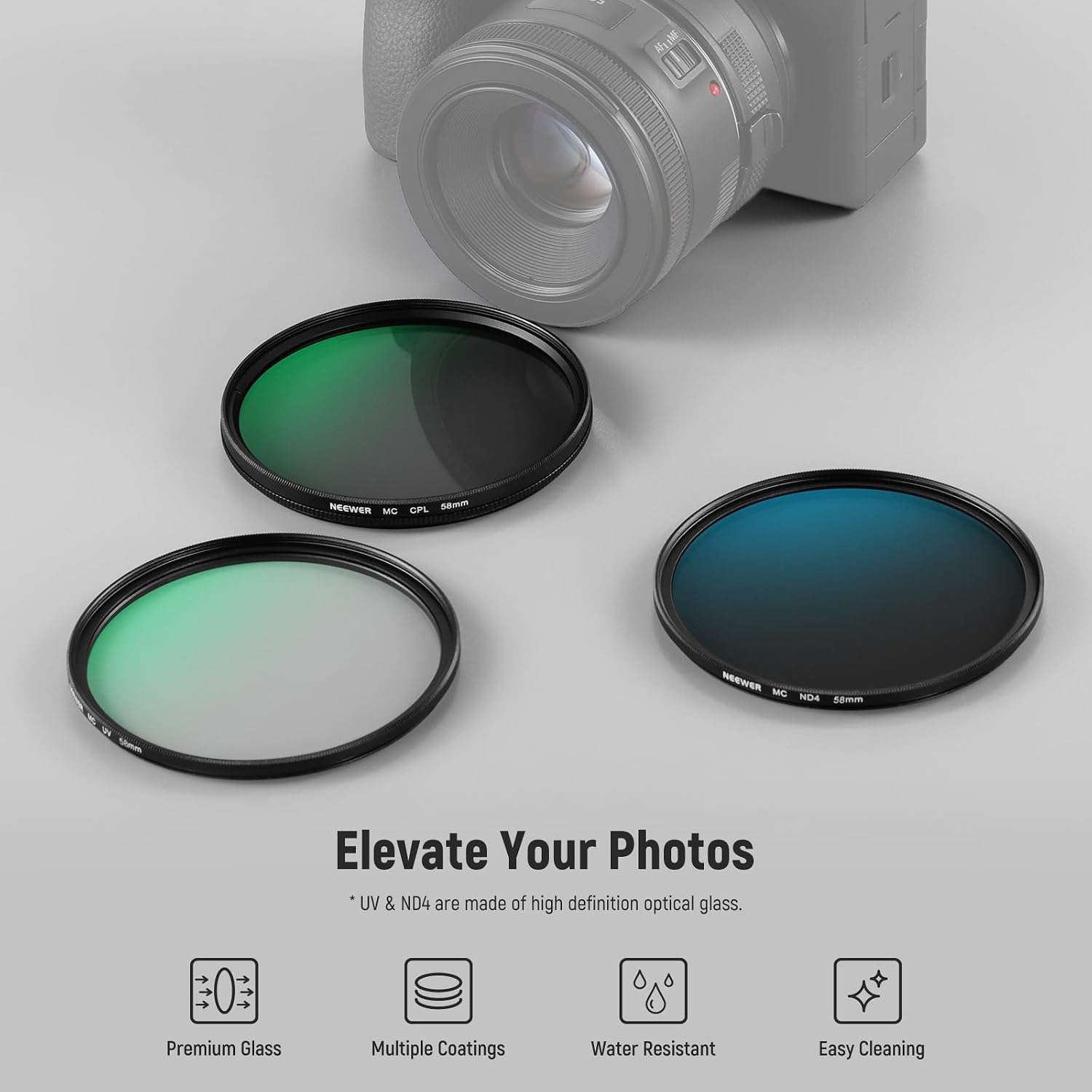 Detalle 2 de NEEWER 58mm UV/CPL/ND Lens Filter Kit – Multicoated Glass, Aluminium Frame with Hard Case