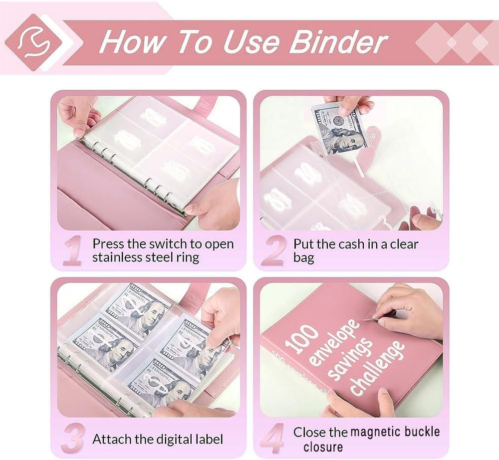 Detalle de AASLOB 100 Envelope Challenge Binder, Pink PVC, 25 Pages, 100 Slots